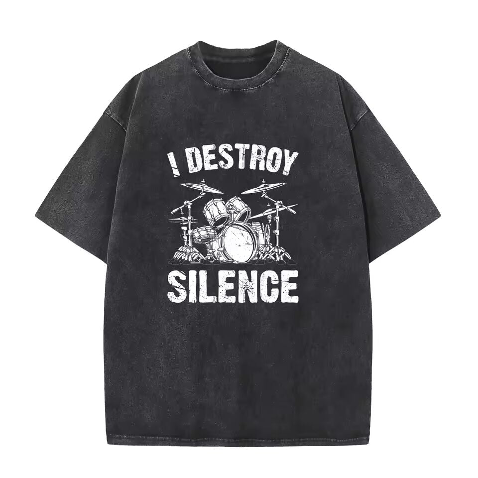 I Destroy Silence Drumming Vintage Drummer Drumset Drum Set Washed T-Shirt Harajuku Bleached Casual Tee Cute Youth Tshirts Funny