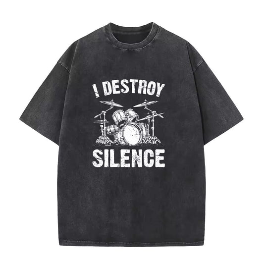 I Destroy Silence Drumming Vintage Drummer Drumset Drum Set Washed T-Shirt Harajuku Bleached Casual Tee Cute Youth Tshirts Funny