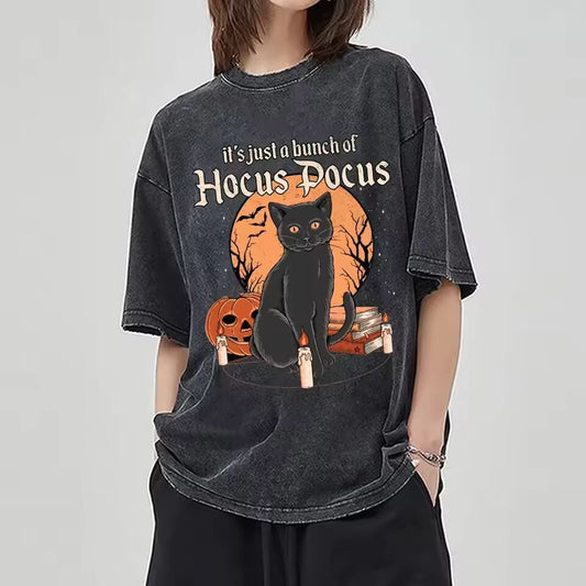 2024 Summer New Unisex T-Shirt Y2K Oversized Cat Print Loose Wash Neutral Short Sleeve Casual Trend Hip Hop Outfit Men